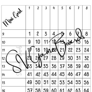 May include: A white Mini Grid game board with a grid of numbered squares. The words "Mini Grid" and "Sugar Boards" are written on the board in black script. The grid is numbered from 1 to 64.