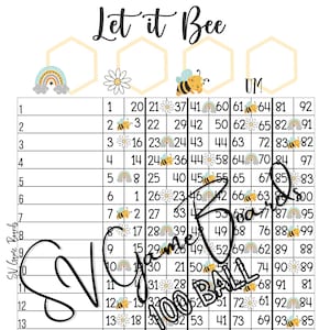 May include: A printable bingo card with a bee theme. The card has a grid of 20 rows and 10 columns. Each square contains a number from 1 to 100. The card is decorated with bees, honeycombs, and flowers.