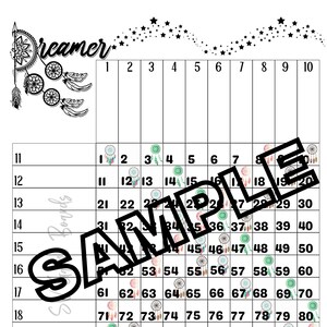 May include: A black and white printable chart with the word "Dreamer" at the top. The chart is a 100-square grid with numbers 1 through 100. Each square has a small, stylized dreamcatcher image.