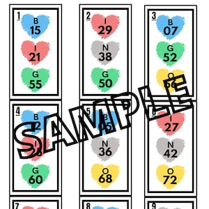 May include: Nine colorful cards with numbers and letters. Each card has three hearts, one blue, one red, one green, and one yellow. The numbers on the cards are 15, 21, 55, 29, 38, 50, 07, 52, 66, 27, 42, 72, 28, 34, 56, 01, 19, 65, 31, 47, 63. The letters on the cards are B, I, G, N, O.