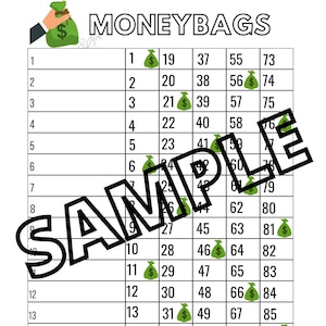 Moneybags 90 ball 18 line bingo (mixed, straight, blank)