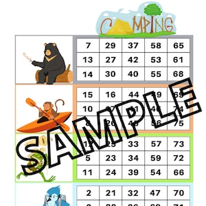 May include: A camping themed bingo card with images of a bear, monkey, frog, bird, and deer. The card has numbers 1 through 75 in a 5x5 grid.