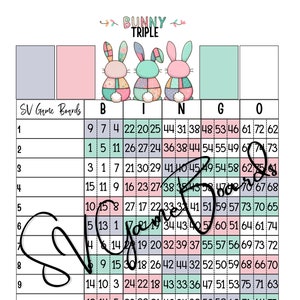 May include: A printable bingo card with a bunny theme. The card has 15 rows and 5 columns. Each square contains a number from 1 to 75. The card is titled "Bunny Triple" and has a picture of three bunnies at the top.
