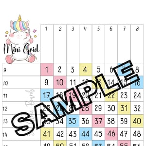 May include: A mini grid featuring a cartoon unicorn, numbered 1 to 64. Some squares are highlighted in pink, yellow, and blue. The word "SAMPLE" is printed across the grid. The grid is designed for a game.