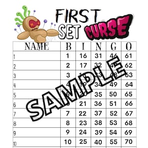 Könnte beinhalten: Eine druckbare Bingokarte mit einer Voodoo-Puppengrafik und dem Text "First Set Curse". Die Karte hat 15 Reihen und 5 Spalten mit den Zahlen 1-75.