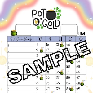 Peut inclure: Une carte de bingo imprimable sur le thème de la Saint-Patrick. La carte a un fond vert avec un arc-en-ciel et des trèfles. Les nombres de 1 à 75 sont listés dans une grille avec un espace libre au centre. La carte est intitulée "Pot O' Gold" et représente un pot d'or avec un arc-en-ciel et des trèfles.