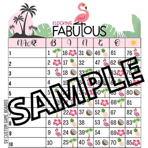 May include: A pink flamingo themed bingo card with numbers 1 through 90. Each number is paired with a different tropical image, including palm trees, pineapples, coconuts, and hibiscus flowers.