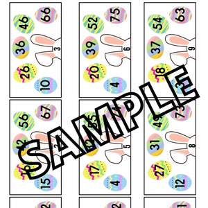 May include: Nine colorful Easter egg cards with bunny ears and numbers on each egg. The numbers on the eggs are 26, 36, 46, 66, 10, 67, 20, 39, 52, 75, 18, 37, 54, 63, 17, 27, 31, 49, 19, 40, 50, 72, 24, 35, 59, 62, 29, 45, 57, 61.
