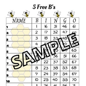 Op de afbeelding: Een printbare bingokaart met een bijen-thema. De kaart heeft 5 kolommen met de labels B, I, N, G en O. Elke kolom heeft 15 nummers. De kaart is versierd met bijen bovenaan.