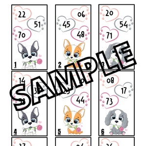 以下が含まれることがあります： ピンクとグレーのハートに数字が書かれた9枚のカード。各カードには、バラを持った漫画の犬または子犬が描かれています。犬はフレンチブルドッグ、コーギー、スパニエルです。