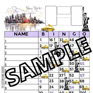 May include: A New York City themed bingo card with numbers 1-75. The card features images of the Statue of Liberty, yellow taxis, and the New York City skyline.
