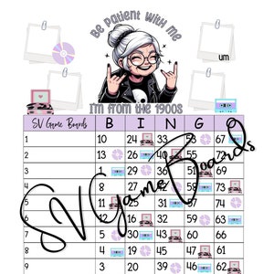 May include: A purple and white bingo card with the letters B, I, N, and G at the top. The numbers 1 through 75 are arranged in a 5x5 grid. The card features images of cassette tapes, records, and a boombox.