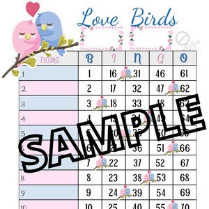 Love bird bingo rosa azul 1-15 líneas (mixtas, rectas, en blanco)