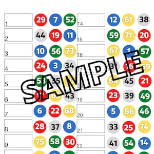 May include: A bingo card with numbers 1 to 75 in circles of different colours. The numbers are arranged in rows and columns. The card is designed for a game of bingo.