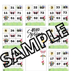 May include: Ten colorful bingo cards with spring-themed images, including a sun, butterfly, umbrella, and bird. Each card has numbers 1-90 arranged in a 3x3 grid.