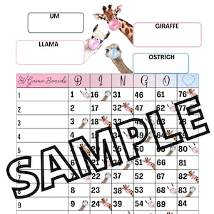 Giraffe Ostrich Llama bingo (mixed, straight, blank)