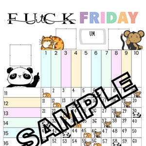 May include: A printable bingo card with a black and white panda, a cat, and a monkey. The numbers 1 through 100 are in a grid format. The words "F*ck Friday" are at the top of the card. The words "UM" are in a box at the top of the card.