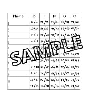 May include: A bingo card with numbers ranging from 1 to 75, organized into five columns labeled B, I, N, G, and O. Each column has 15 rows, with each row containing two numbers separated by a slash.