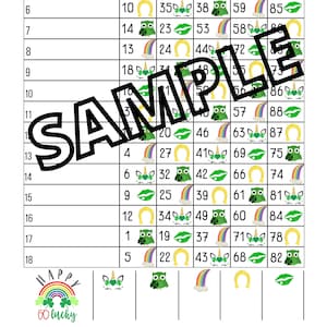 May include: A printable bingo card with numbers 1 to 18 and a variety of St. Patrick's Day themed images, including rainbows, shamrocks, unicorns, and owls. The card has the words "Happy Go Lucky" at the bottom.