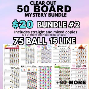 Peut inclure: Un ensemble mystère de planches de bingo colorées avec le texte "CLEAR OUT 50 BOARD MYSTERY BUNDLE". L'ensemble comprend 50 planches, des copies droites et mixtes, et 75 boules 15 lignes. Le prix est de 20 $.