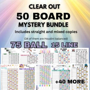 Peut inclure: Une image colorée présentant plusieurs cartons de bingo avec divers thèmes, dont un camion de crème glacée et un voyage de camping. Le texte indique "CLEAR OUT 50 BOARD MYSTERY BUNDLE" et "75 BALL 15 LINE".
