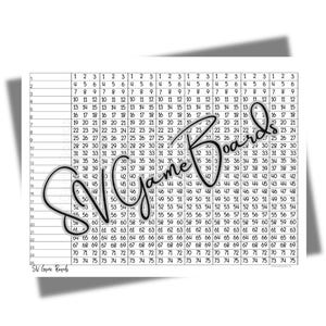 May include: A white and black SV Game Boards number grid, with numbers 1-75 arranged in rows and columns. The SV Game Boards logo is in the lower left corner.