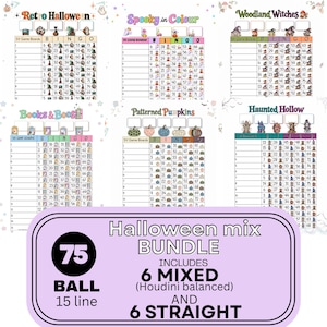 Peut inclure: Un ensemble de bingo Halloween comprenant six planches de jeu intitulées Retro Halloween, Spooky in Colour, Woodland Witches, Books & Boos, Patterned Pumpkins et Haunted Hollow. Le lot inclut 75 boules, 15 lignes, 6 planches mixtes et 6 droites.