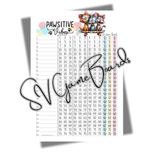 Könnte beinhalten: Ein bedrucktes Spielbrett mit einem farbenfrohen Design mit drei Zeichentrickkatzen. Das Brett hat ein Zahlenraster und die Worte "PAWSITIVE Vibes" oben. Das Logo von SV Game Boards ist ebenfalls sichtbar.