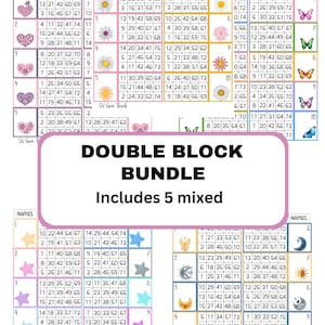 May include: A set of ten double bingo cards with different themes. Each card features a colourful design with a variety of images, including butterflies, stars, flowers, and moons. The cards are labelled with numbers 1 through 10 and include the words "Bingo" and "Names".