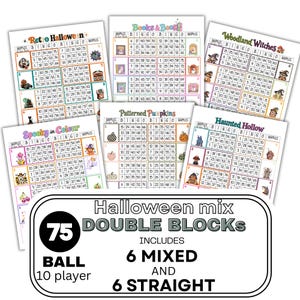 May include: A collection of six Halloween-themed bingo game cards featuring titles like Retro Halloween, Books & Boos, Woodland Witches, Spooky in Colour, Patterned Pumpkins, and Haunted Hollow, with a label stating 75 ball, 10 player, 6 mixed and 6 straight.