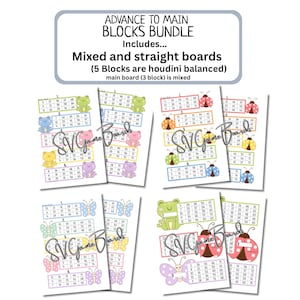 May include: A bundle of colorful game boards with animal and insect illustrations, including frogs, ladybugs, and butterflies. The boards feature numbered grids and the text "SVG Game Boards" and "Advance to Main Blocks Bundle".