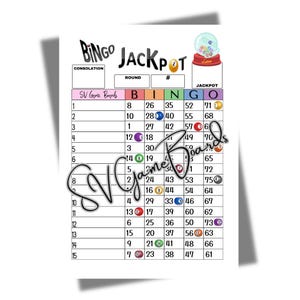 Könnte beinhalten: Eine weiße Bingo-Karte mit den Worten "BINGO JACKPOT" oben. Die Karte enthält nummerierte Quadrate, eine Schneekugel-Grafik und den Text "SV Game Boards".