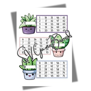 May include: A printable bingo game sheet with three illustrated potted succulents and numbered grids. The text "SV Game Boards" is visible on the sheet.