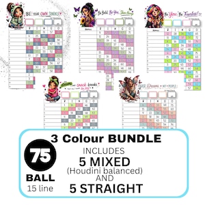 May include: A 3 colour bundle of 75 ball bingo game cards featuring 5 mixed and 5 straight boards. Each card displays a unique illustrated character, a BINGO grid with numbered squares in various colours, and motivational text like Be Your Own Sparkle.