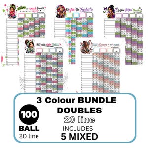 May include: A collection of five bingo game boards featuring illustrated characters and motivational text, including phrases like Be You, Be Fearless and Chase Dreams Not People. The set includes 100 ball, 20 line, and 5 mixed game boards.