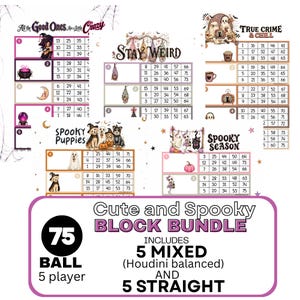 May include: A digital bundle of bingo cards featuring five distinct themes including Spooky Puppies and True Crime & Chill. The cards display numbers in grids with illustrations of ghosts, bats, and pumpkins. Text includes "All the Good Ones Are a Little Crazy" and "Cute and Spooky BLOCK BUNDLE".