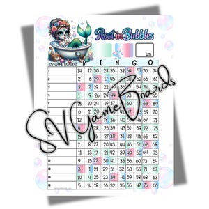 May include: A bingo game board titled Rest in Bubbles featuring a cartoon mermaid with a floral headpiece sitting in a bathtub. The grid contains columns labeled B, I, N, G, O with various numbers. The design includes pastel bubble graphics.