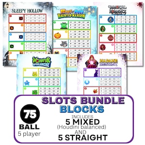 May include: A digital bundle of 75-ball bingo cards featuring five themed game boards titled Sleepy Hollow, Huff n Puff Haunted Mansion, Immortal Romance, Monster Superlanche, and Madame Destiny, with text stating 5 mixed and 5 straight blocks.