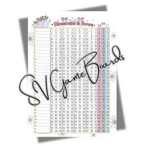 May include: A printed game board with a grid of numbers, featuring the text "Blossoms & Bows" and "SV Game Boards." The design includes floral and bow illustrations.