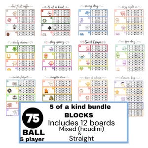 Peut inclure: Un ensemble de jeux de bingo numérique comprenant douze planches colorées avec des illustrations thématiques et des grilles de nombres. Le texte inclut des titres comme but first coffee, 5 of a kind, et un encadré central indiquant 5 of a kind bundle 75 BALL 5 player BLOCKS Includes 12 boards Mixed (houdini) & Straight.