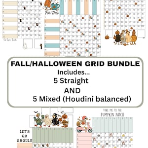 May include: A Fall/Halloween grid bundle with 5 straight and 5 mixed (Houdini balanced) grids. The image includes grids with Halloween-themed illustrations and the phrases "Hangin' with my Boos" and "Chick or Treat".