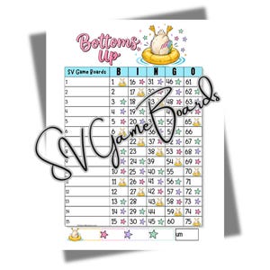 Könnte beinhalten: Ein Bottoms Up Bingo-Spielbrett mit einer Cartoon-Ente in einem gelben Schwimmreifen oben. Das Raster enthält die Zahlen 1 bis 75, durchsetzt mit kleinen Sternsymbolen und Entenillustrationen. Der Text SV Game Boards ist diagonal darübergelegt.