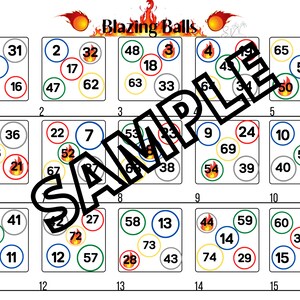 Puede incluir: Un tablero de juego con una cuadrícula de 15 casillas, cada una con un círculo que contiene un número en su interior. Los círculos son de color rojo, amarillo, verde y azul. El juego se llama "Blazing Balls".