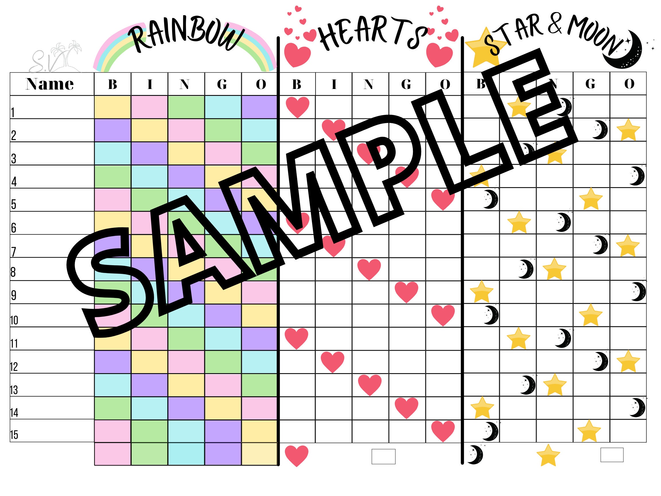 Exploding Star Bingo Pattern Triple Bingo (rainbow, Hearts, Star & Moon) (mixed,blank) - Etsy