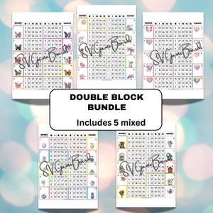 Puede incluir: Un paquete de cinco tarjetas de juego de bingo mixtas con ilustraciones coloridas. Las tarjetas presentan números, la palabra "NAMES" y el texto "DOUBLE BLOCK BUNDLE Includes 5 mixed".