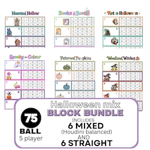 May include: A digital collection of Halloween-themed bingo cards featuring six distinct sets titled Haunted Hollow, Books & Boos, Retro Halloween, Spooky in Colour, Patterned Pumpkins, and Woodland Witches, with a label stating Halloween mix BLOCK BUNDLE.