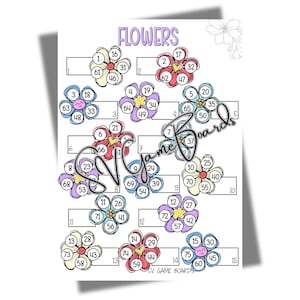 May include: A white paper with the word "FLOWERS" in purple script. The paper features 15 colorful flower illustrations, each with numbered petals and a corresponding box. The text "SV GAME BOARDS" is also visible.