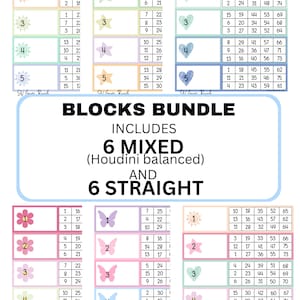 May include: A colourful game board featuring number grids and various shapes like flowers, stars, and butterflies. The text "BLOCKS BUNDLE" is displayed, indicating a set of mixed and straight blocks.