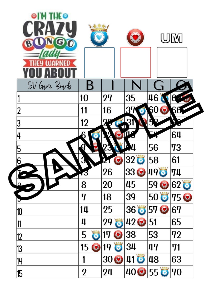 Crazy Bingo Lady 115 Line mixed, Straight, Blank0 Etsy