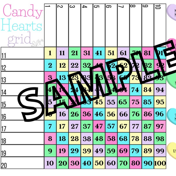 Candy hearts grid 100 ball bingo (mixed, straight, blank)